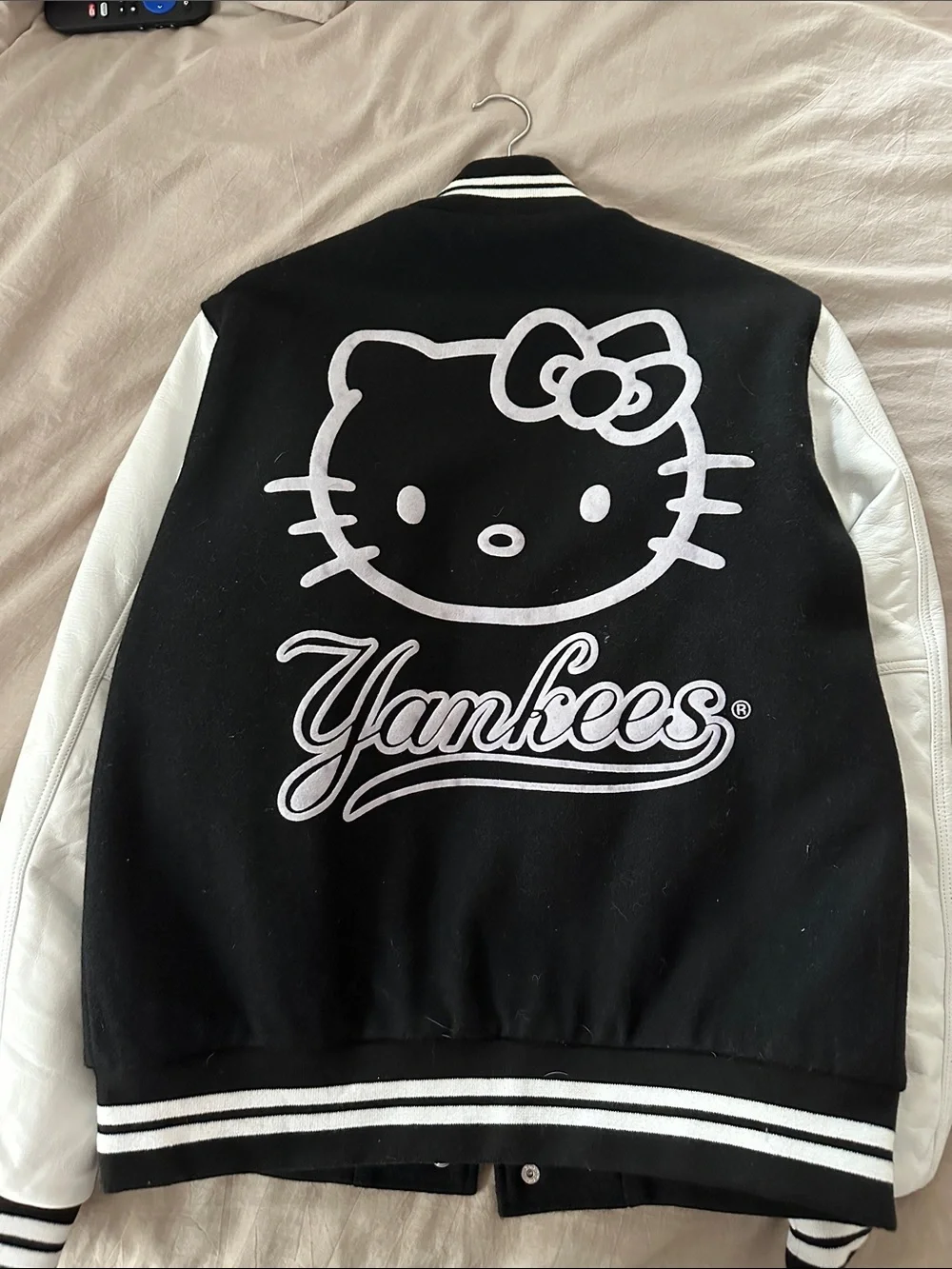 Black and White Varsity Jacket with NY Yankees and Hello Kitty Patch - Picture 2 of 6